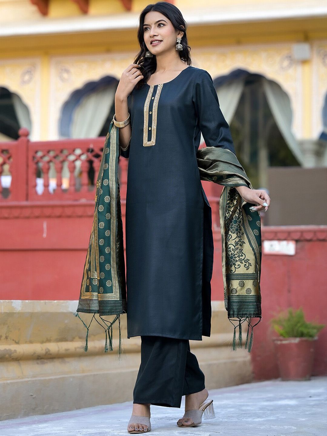 Vishudh Green Round Neck Embellished Straight Kurta & Palazzos With Dupatta