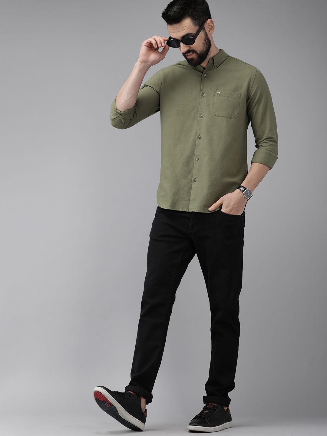 THE BEAR HOUSE Men Olive Green Solid Slim Fit Cotton Casual Shirt