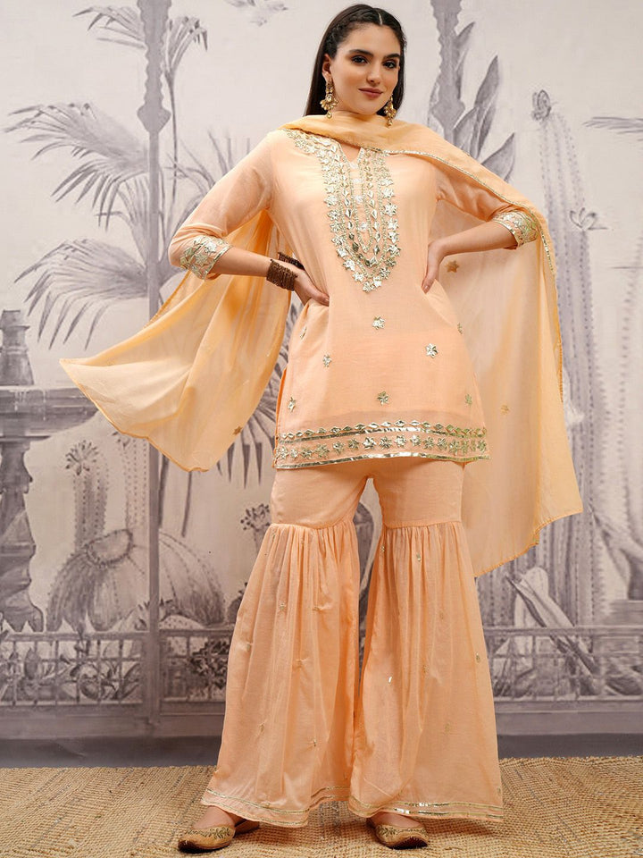 Vishudh Peach Coloured Floral Embroidered Pure Cotton Straight Kurta & Sharara & Dupatta