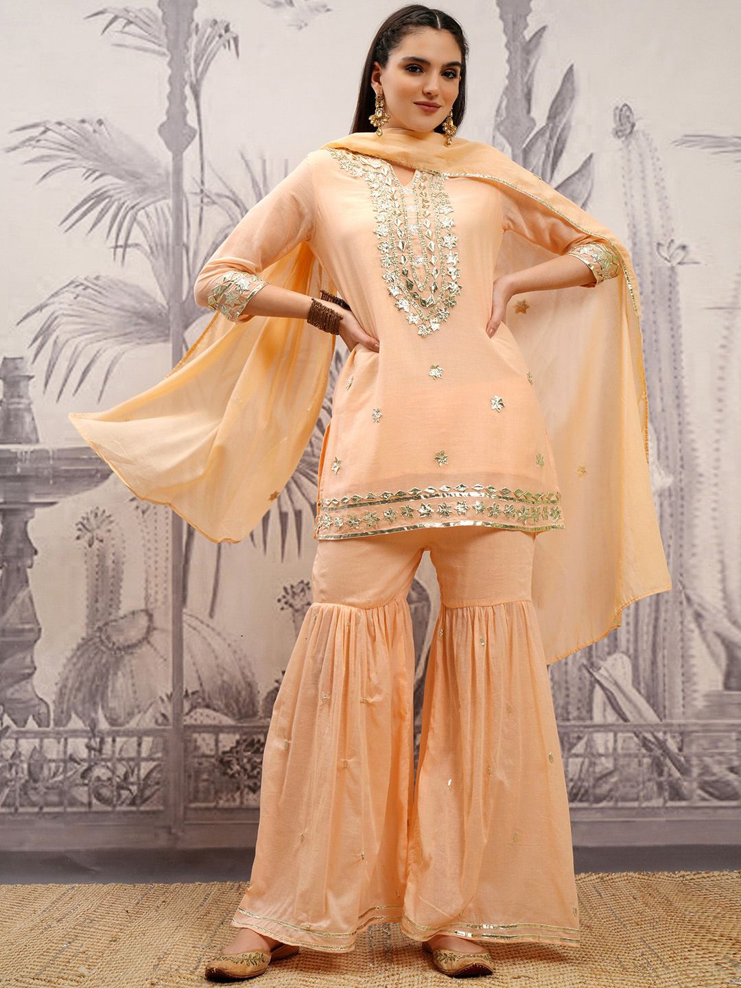 Vishudh Peach Coloured Floral Embroidered Pure Cotton Straight Kurta & Sharara & Dupatta