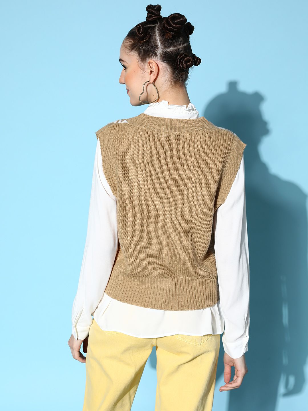 SASSAFRAS Women Brown & White Houndstooth Design Sweater Vest