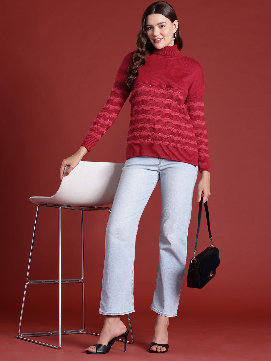 all about you Acrylic Open Knit Striped Pullover