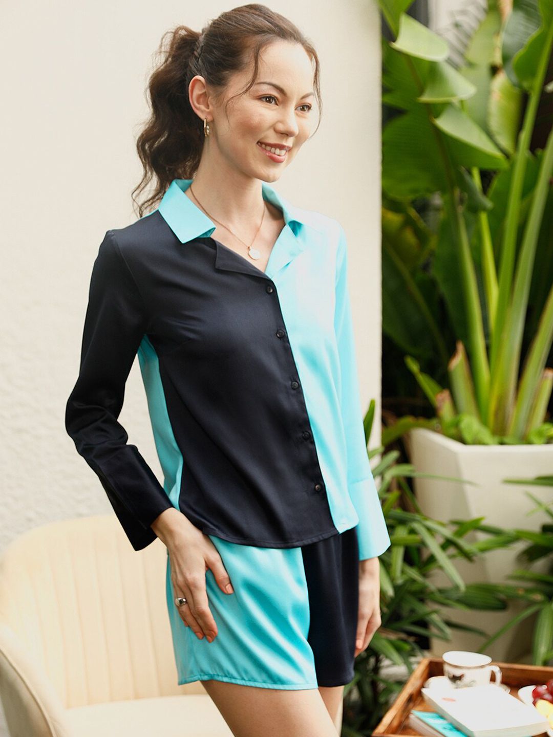 STREET 9 Blue & Black Colourblocked Shirt With Short