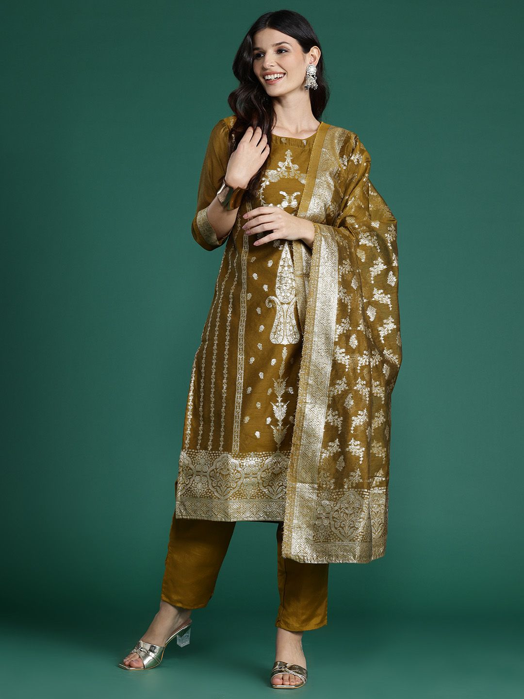 Indo Era Women Ethnic Motifs Woven Design Kurta with Trousers & With Dupatta