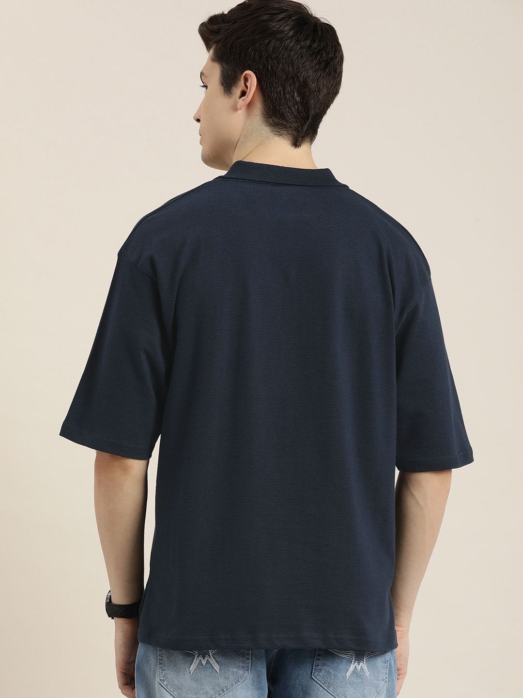 DILLINGER Men Solid Honeycomb Structure Oversized Cotton Polo T-Shirt