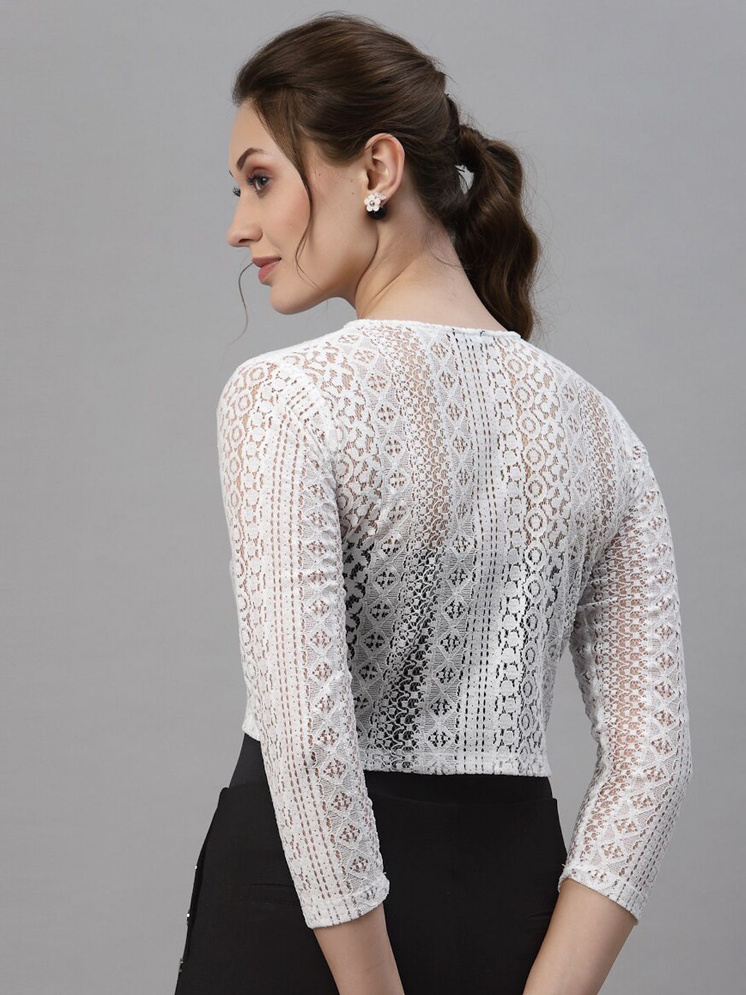 Style Quotient Women White Laced Cropped Shrug