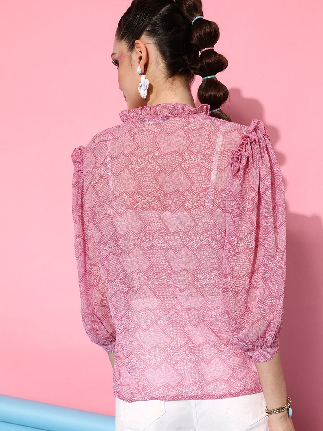 STREET 9 Women Pink Sheer Printed Casual Shirt