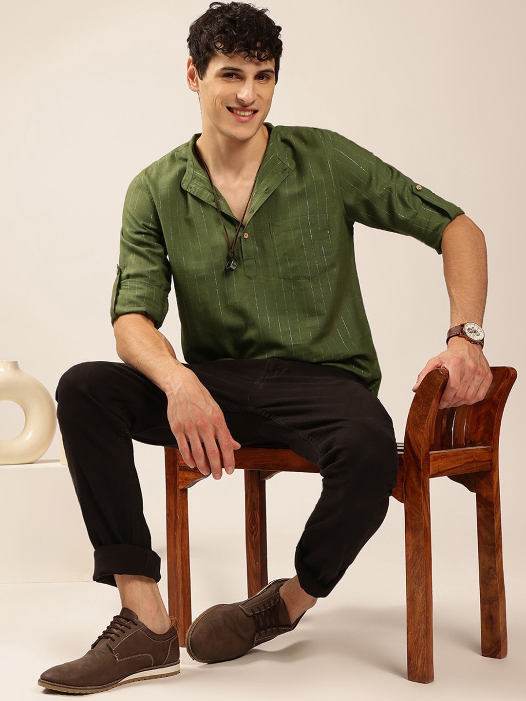 Anouk Green Striped Woven Design Mandarin Collar Roll-Up Sleeves Zari Pathani Short Kurta