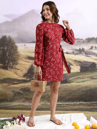 Tokyo Talkies Maroon & White Floral Printed Puff Sleeve Sheath Dress