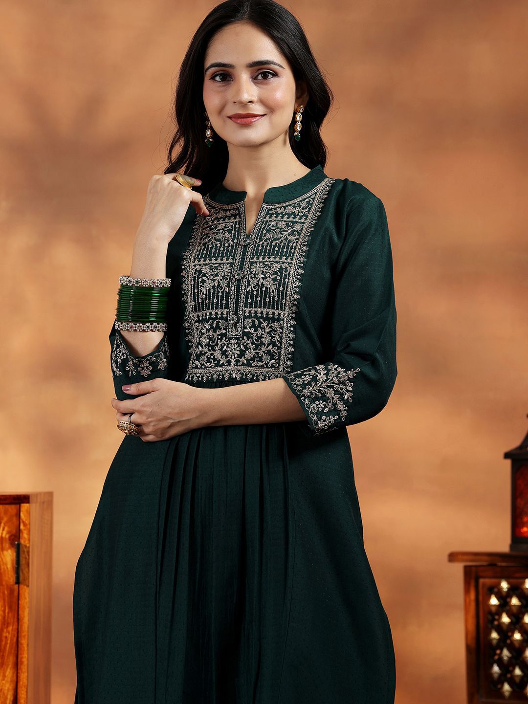 Libas Floral Yoke Design Pleated Sequinned Dobby A-Line Kurta With Palazzo & Dupatta