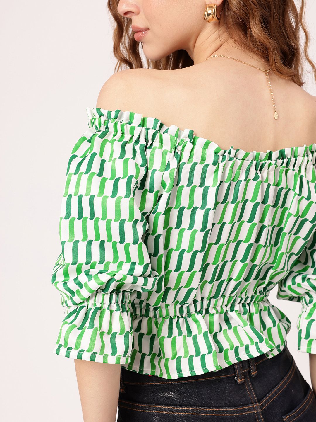 Tranquility Charm Printed Off-Shoulder Peplum Crop Top