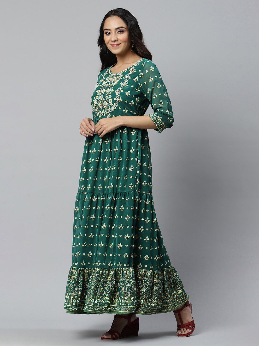 AURELIA Green Floral Printed Tiered Maxi Dress