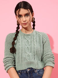 STREET 9 Women Green Cable Knit Acrylic Pullover