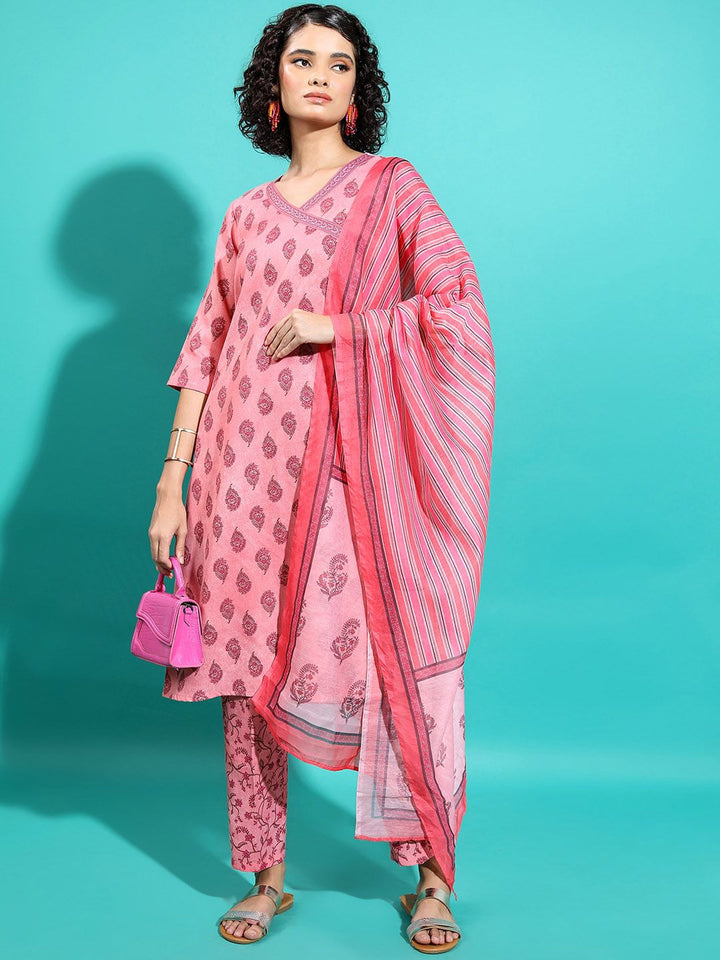 Vishudh Floral Printed Angrakha A-Line Kurta & Trousers With Dupatta