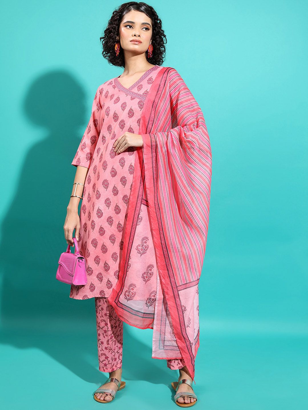 Vishudh Floral Printed Angrakha A-Line Kurta & Trousers With Dupatta
