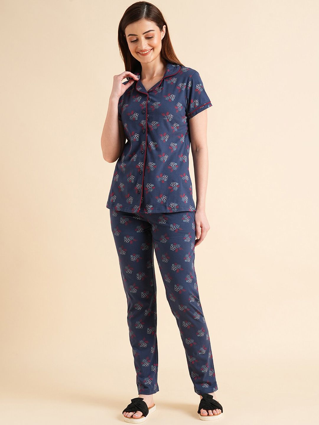 Sweet Dreams Navy Blue & Maroon Floral Printed Pure Cotton Night Suits