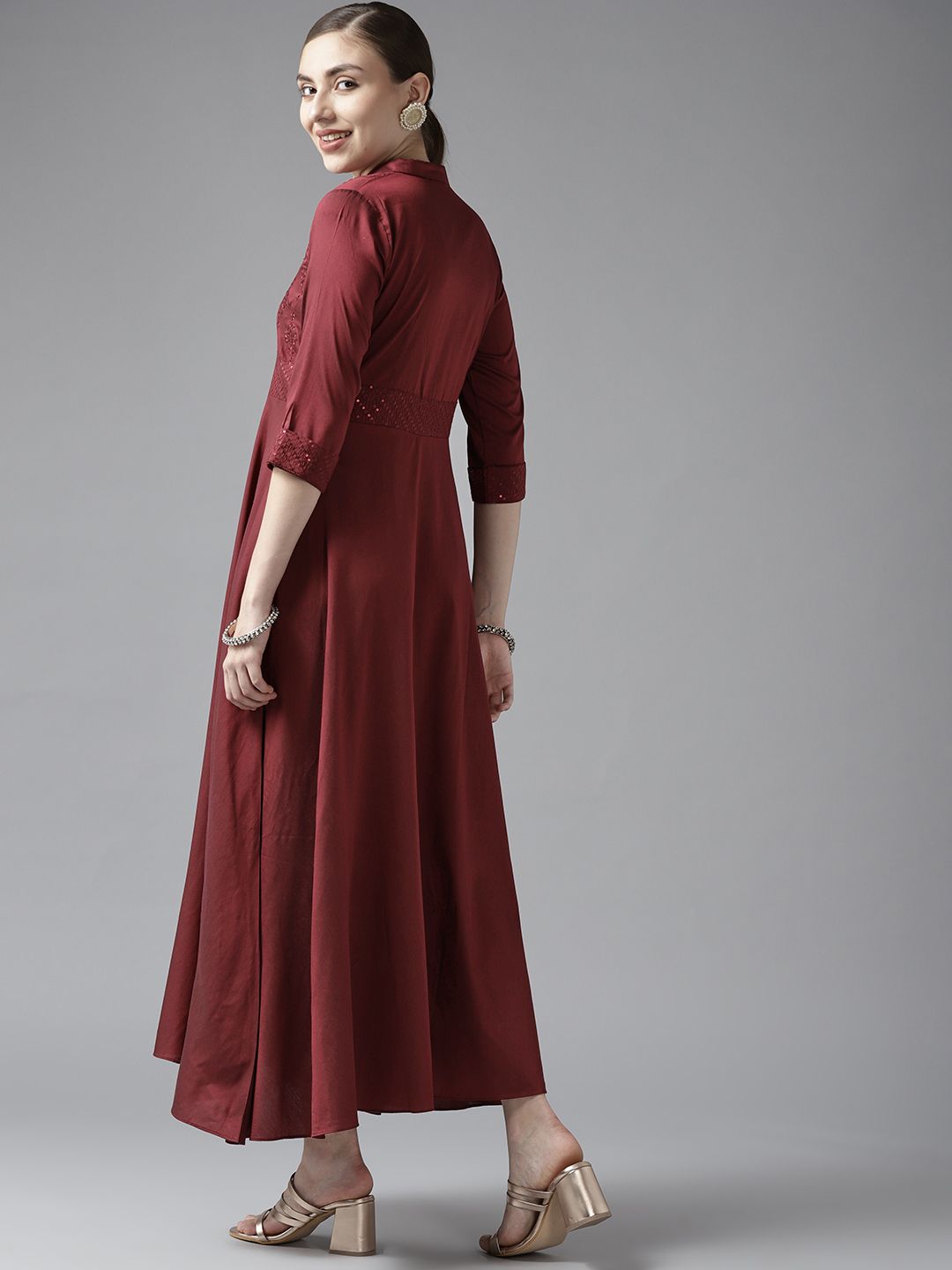 W Maroon Ethnic Motifs Embroidered Maxi Dress