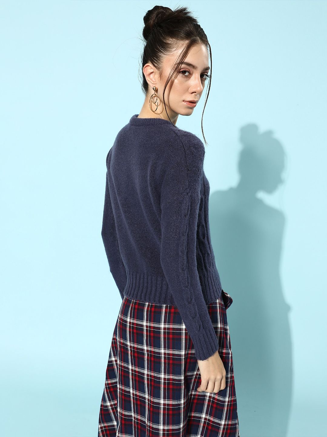 STREET 9 Women Navy Blue Cable Knit Acrylic Pullover