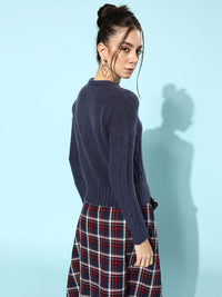 STREET 9 Women Navy Blue Cable Knit Acrylic Pullover