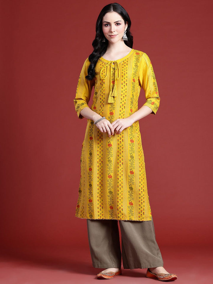 Anouk Floral Printed Tie-Up Neck Calf-Length Straight Kurta