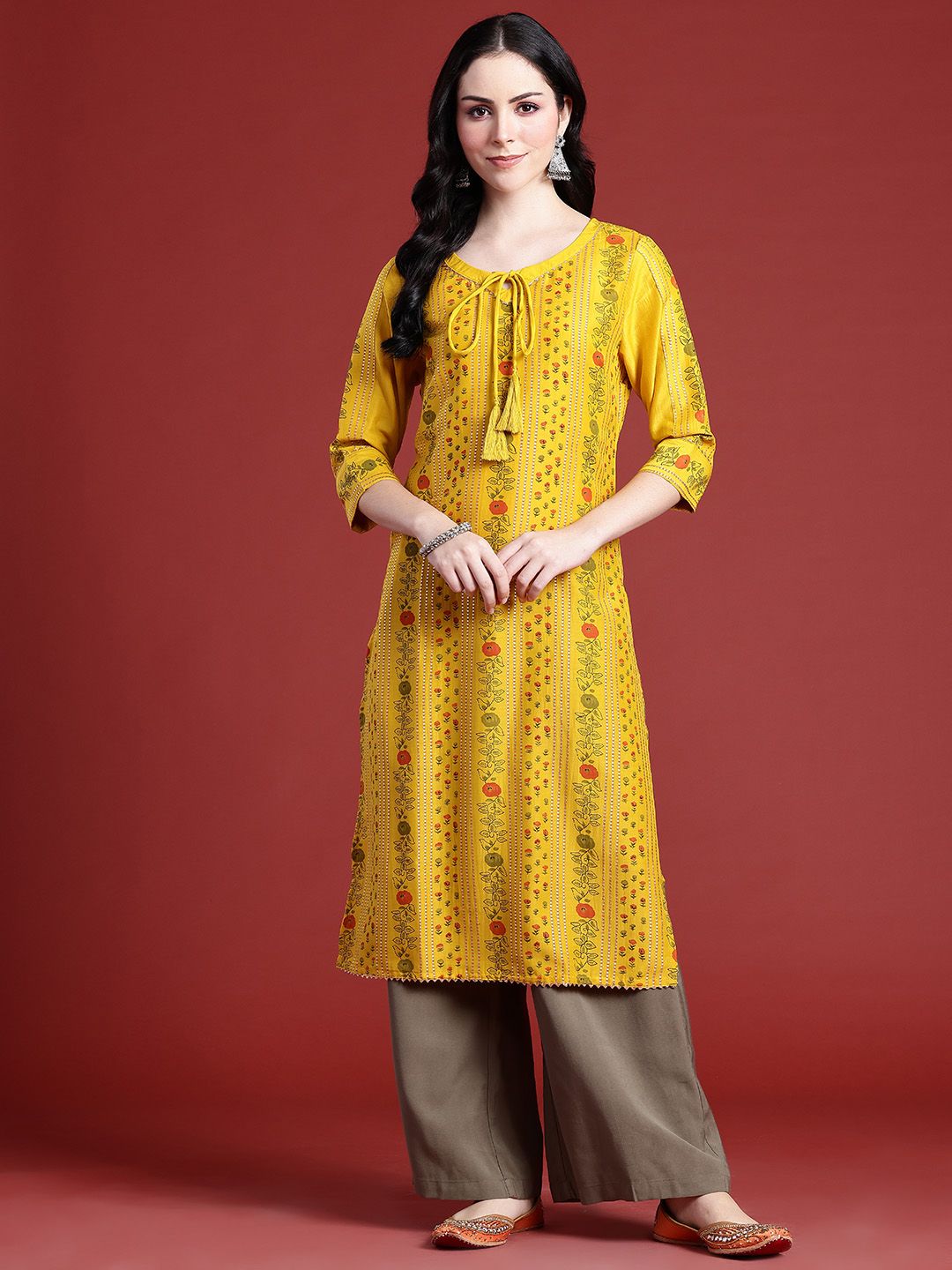 Anouk Floral Printed Tie-Up Neck Calf-Length Straight Kurta