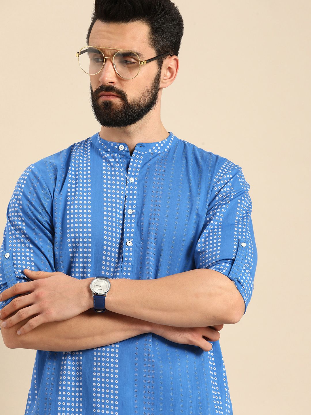 Anouk Men Blue Bandhani Printed Pure Cotton Kurta