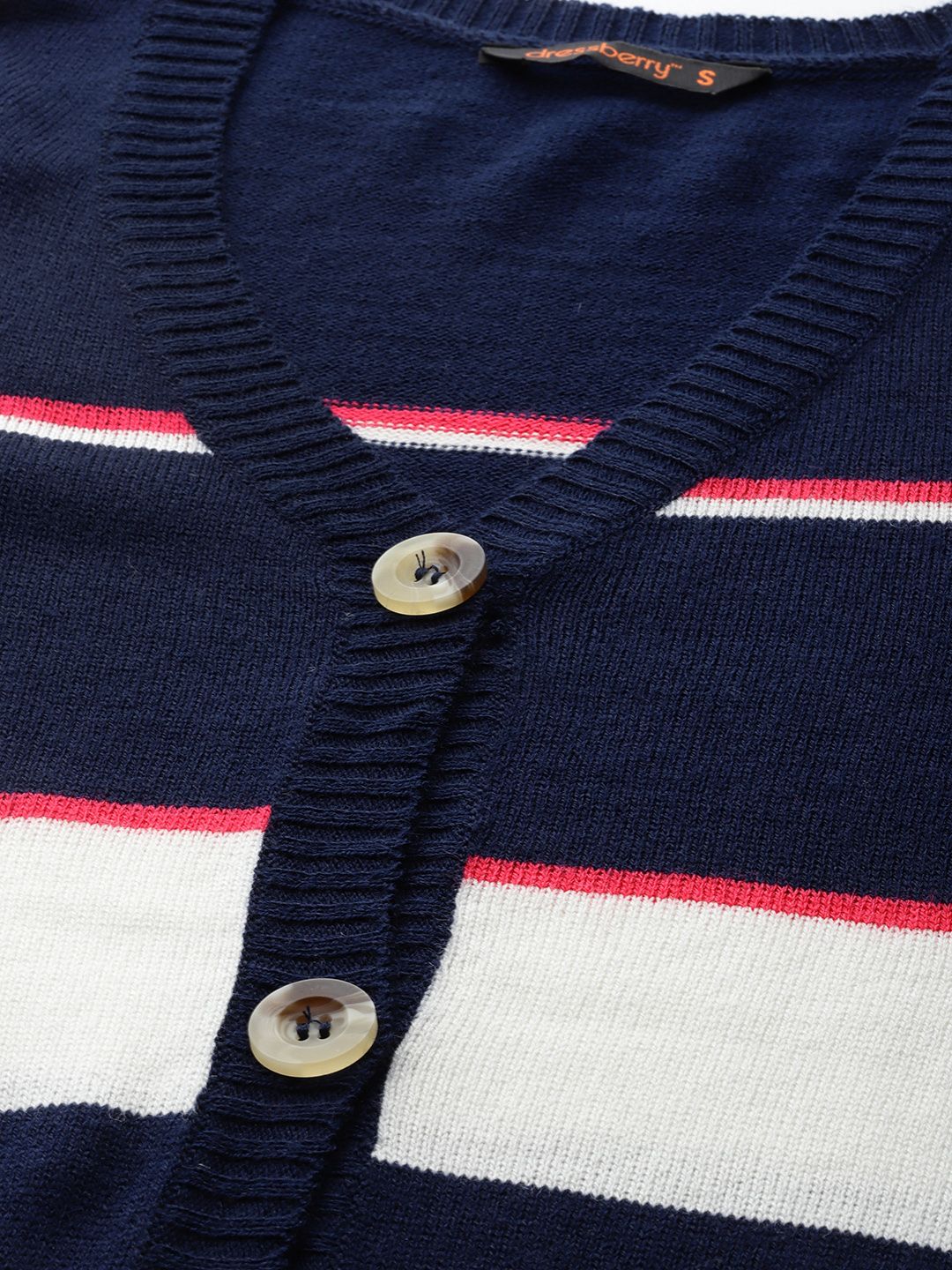 DressBerry Women Navy Blue & White Striped Cardigan