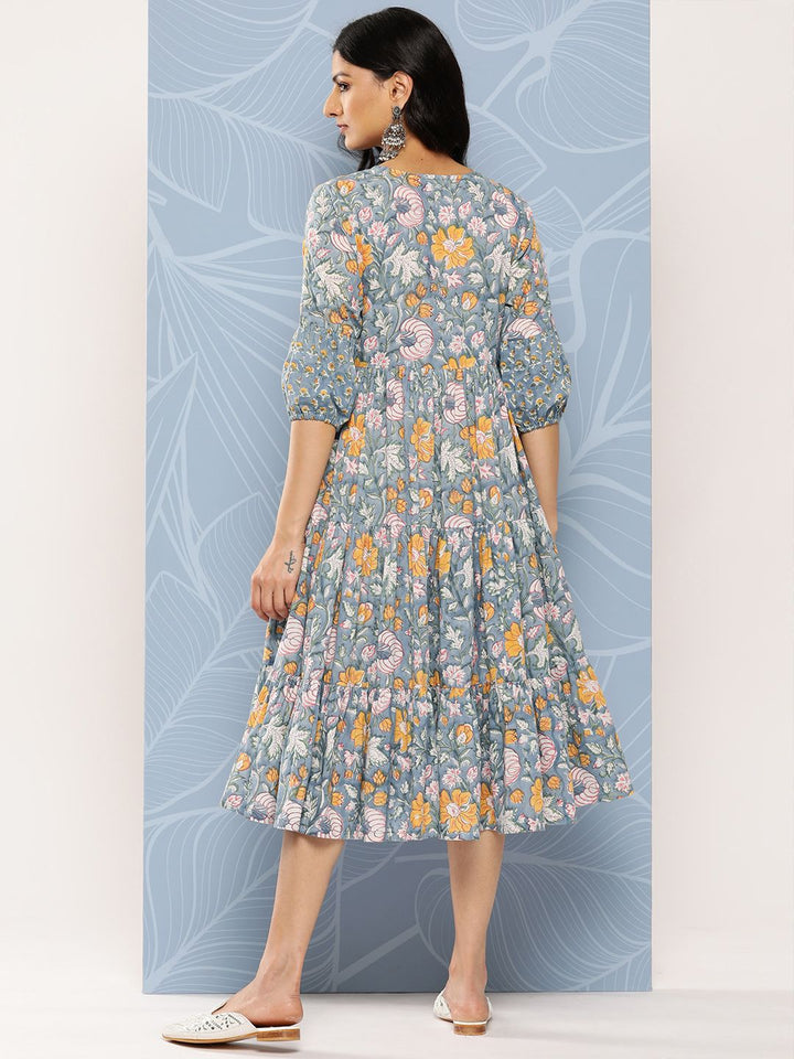 Libas Blue & Yellow Floral Print Tie-Up Neck Puff Sleeve Fit & Flare Midi Dress