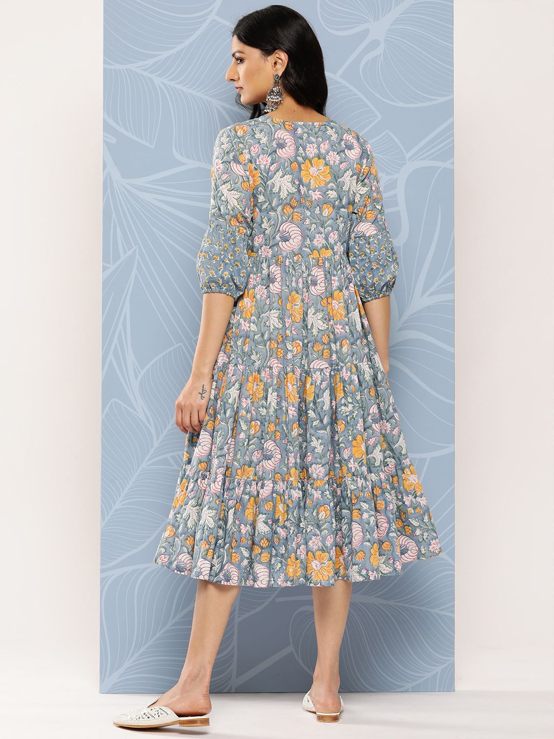 Libas Blue & Yellow Floral Print Tie-Up Neck Puff Sleeve Fit & Flare Midi Dress