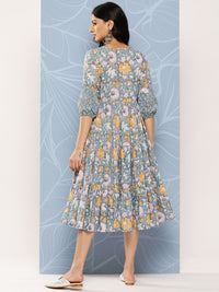 Libas Blue & Yellow Floral Print Tie-Up Neck Puff Sleeve Fit & Flare Midi Dress