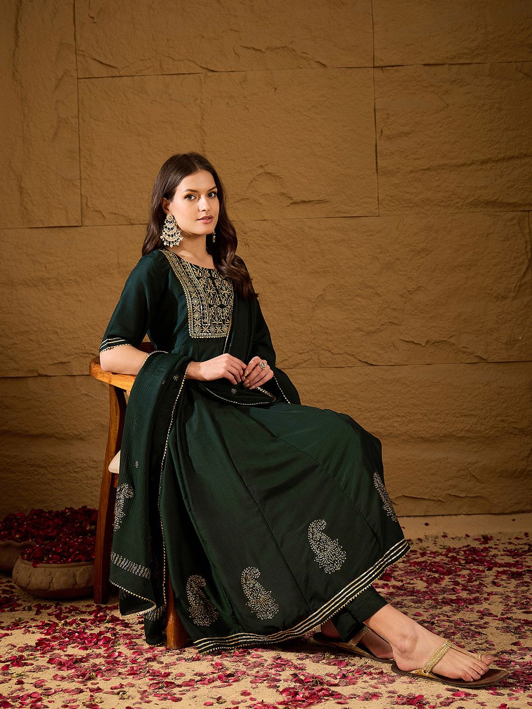 KALINI Ethnic Motifs Embroidered Round Neck Sequinned Empire Kurta With Trouser & Dupatta