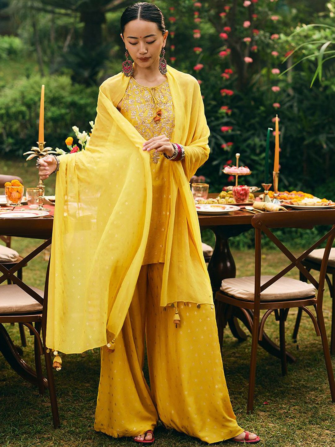 Global Desi Floral Printed Round Neck Sequinned Straight Kurta With Trouser And Dupatta