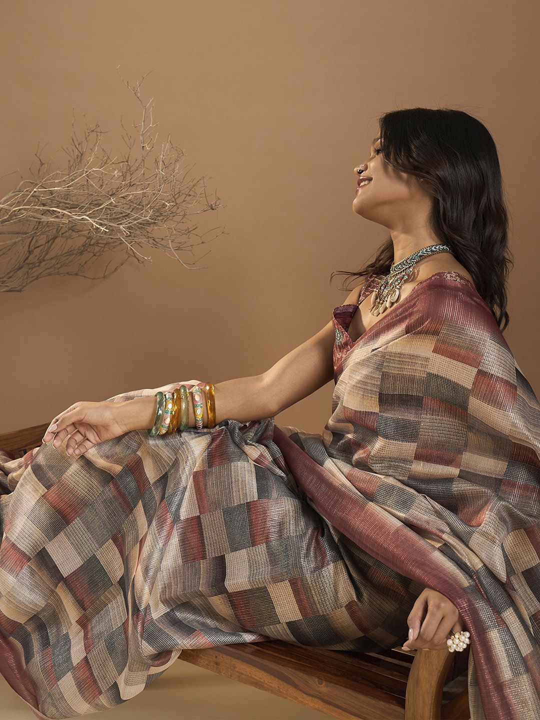 Saree mall Organza Block Print Ethnic Motifs Sarees