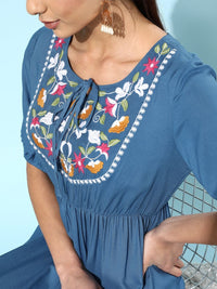 DressBerry Women Stunning Blue Floral Tiered Dress