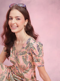 DressBerry Tropical Print Puff Sleeve Empire Midi Dress