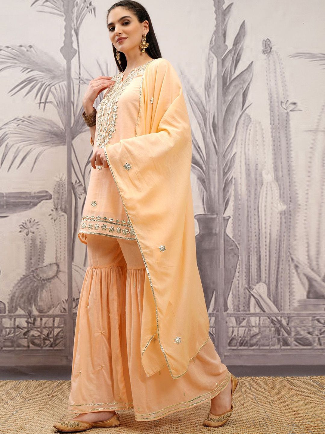 Vishudh Peach Coloured Floral Embroidered Pure Cotton Straight Kurta & Sharara & Dupatta
