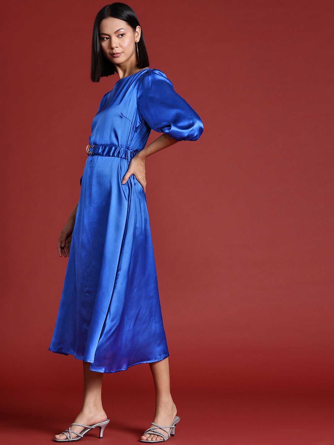 all about you Satin A-Line Midi Dress with Belt