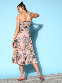 Berrylush Pink & Green Floral Crepe Midi Dress