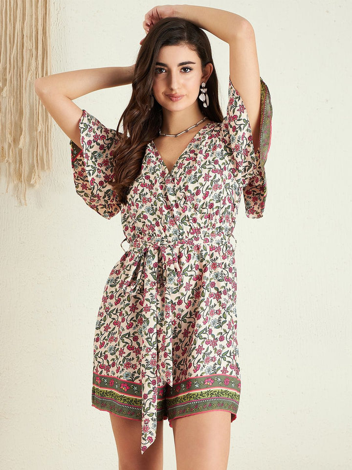 Berrylush Pink Floral Printed V-Neck Flared Sleeves Playsuit With Belt