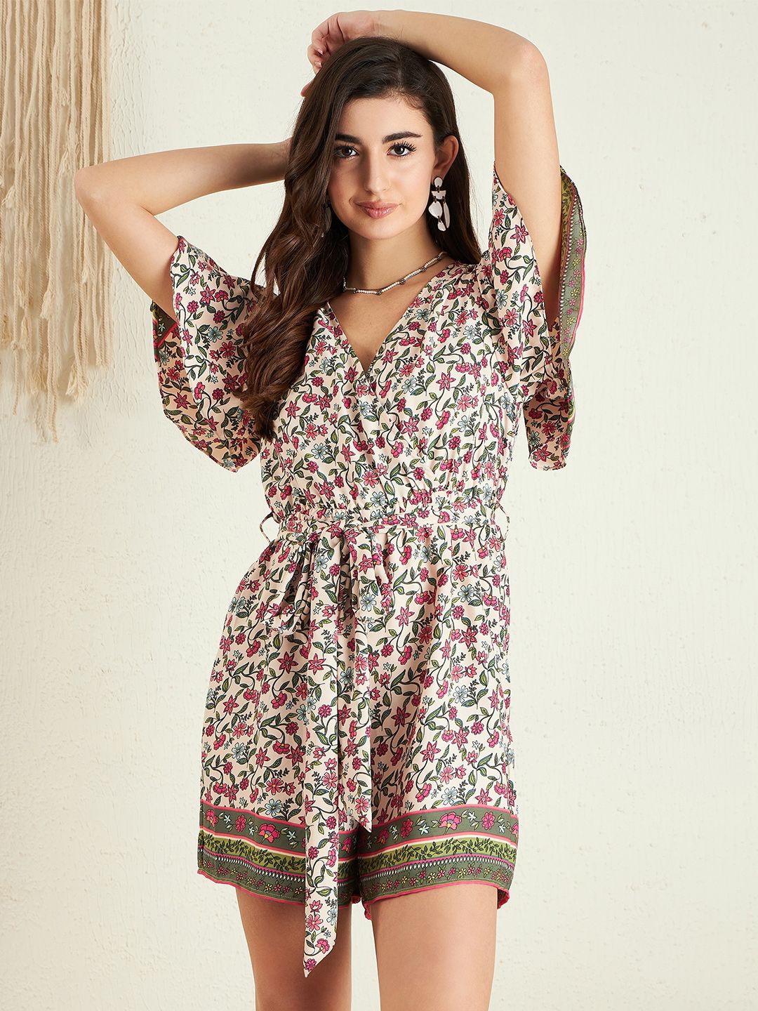 Berrylush Pink Floral Printed V-Neck Flared Sleeves Playsuit With Belt