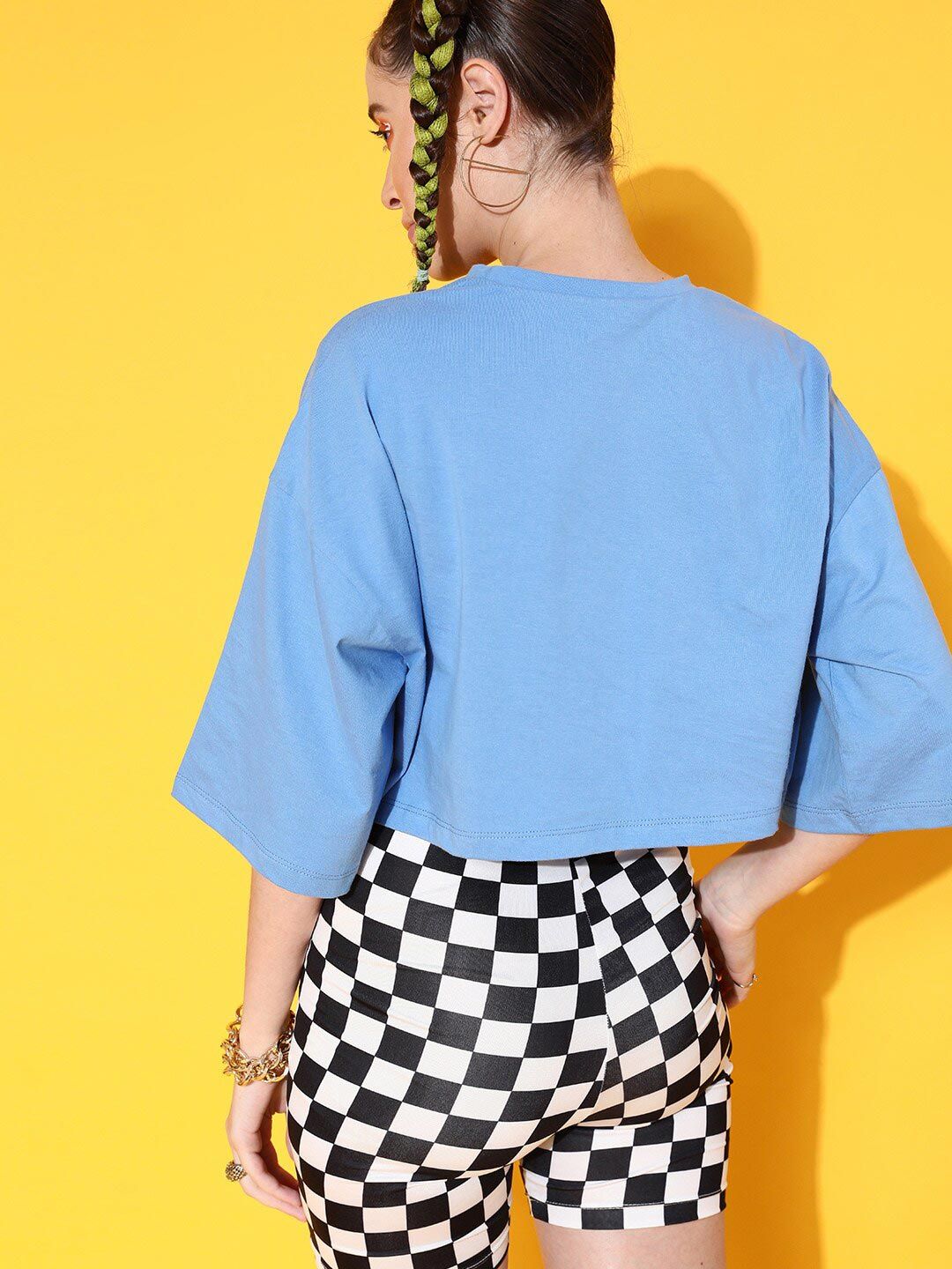 STREET 9 Women Blue Printed Cotton Drop-Shoulder Sleeves Bio Finish Boxy T-shirt