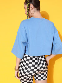 STREET 9 Women Blue Printed Cotton Drop-Shoulder Sleeves Bio Finish Boxy T-shirt