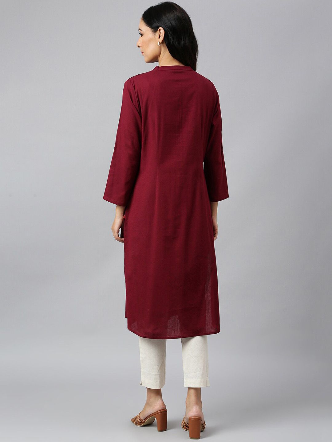 W Red Roll-Up Sleeves Pathani Kurta