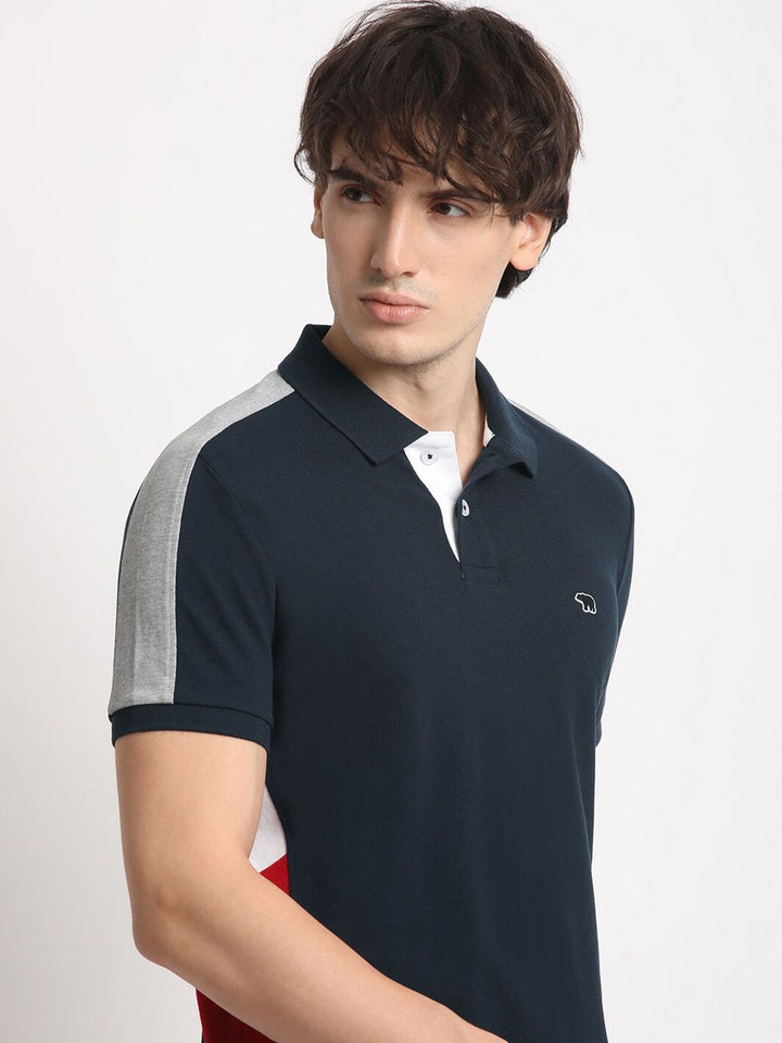 THE BEAR HOUSE Colourblocked Polo Collar Pure Cotton Slim Fit T-shirt