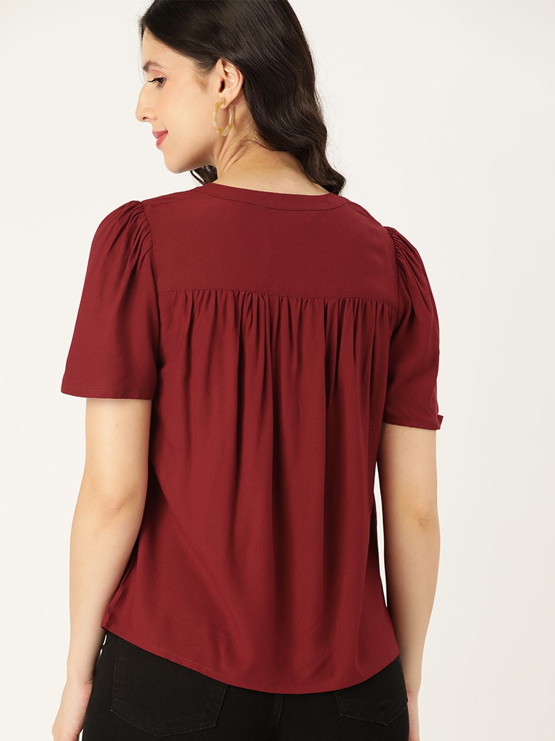all about you Maroon Solid Regular Top With Embroidered Detail