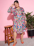 SASSAFRAS Curve Blue & Pink Plus Size Floral Printed Puff Sleeves Belted Shirt Dress