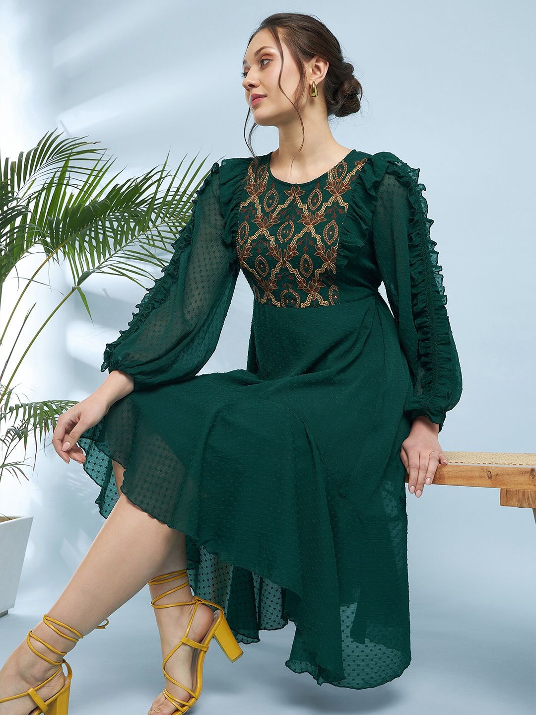 Antheaa Embroidered Puff Sleeve Fit & Flare Midi Dress
