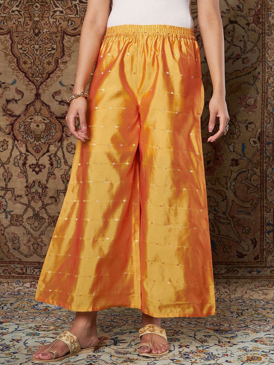 Shae by SASSAFRAS Women Mustard Yellow Ethnic Motifs Embroidered Thread Work Kurta with Palazzos