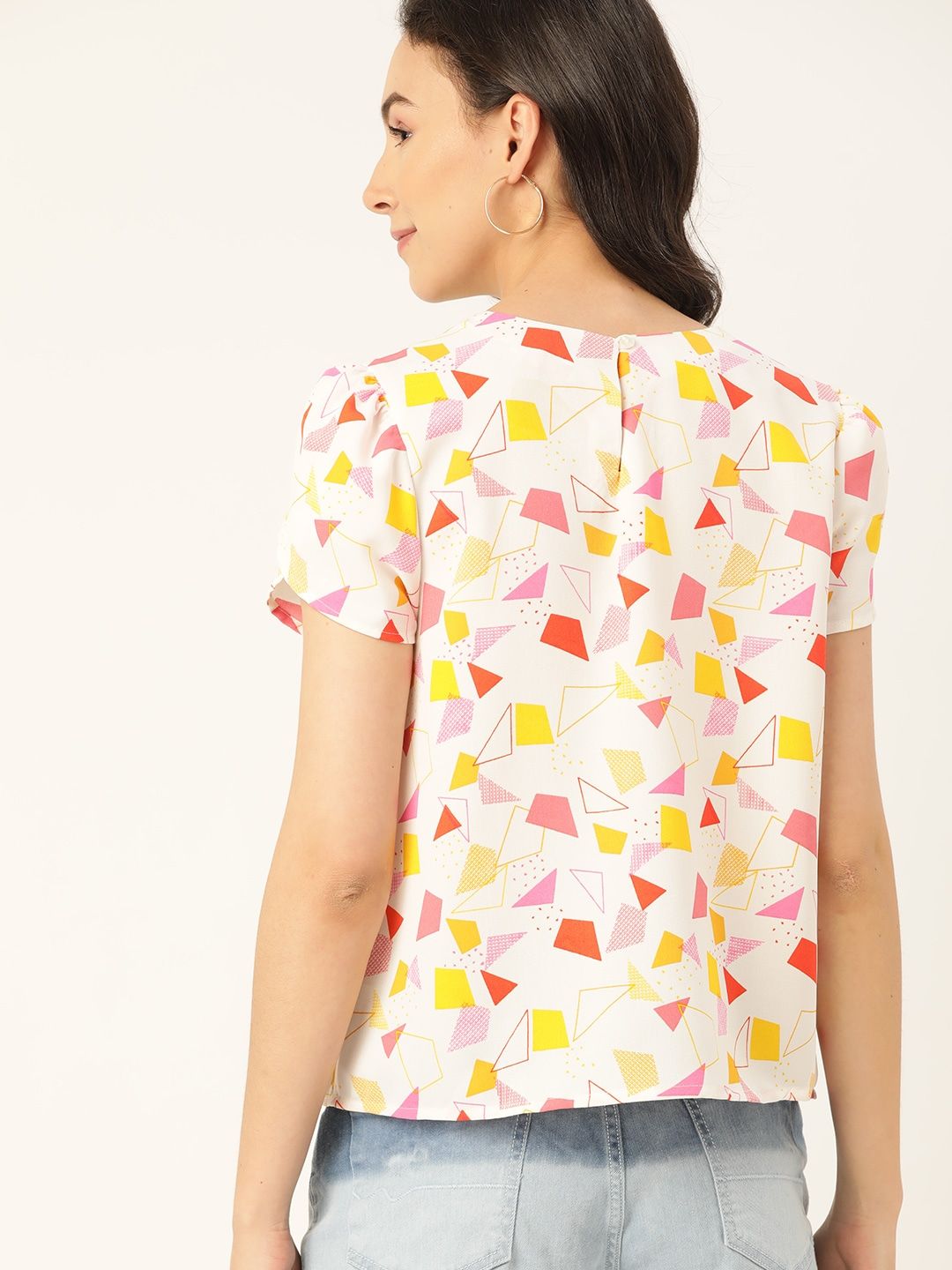 DressBerry White & Pink Geometric Printed Puff Sleeves Top