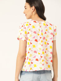DressBerry White & Pink Geometric Printed Puff Sleeves Top